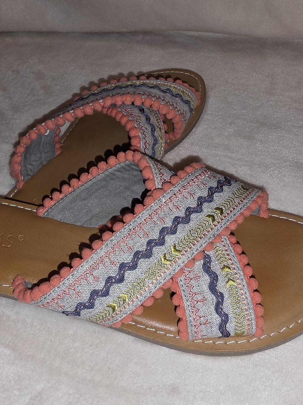 Toms Coral and Multicolor Embroidered Slide Sandals